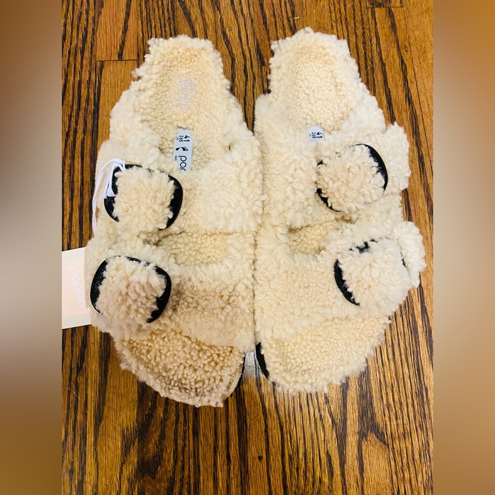 New Birkenstock Papillio Arizona Big Buckle Shearling Teddy Slide Natural Sz 41